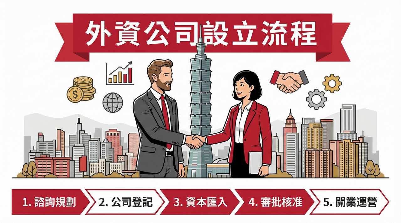 外資公司設立流程圖,包含諮詢規劃、公司登記、資本匯入、審批核准、開業運營等步驟
